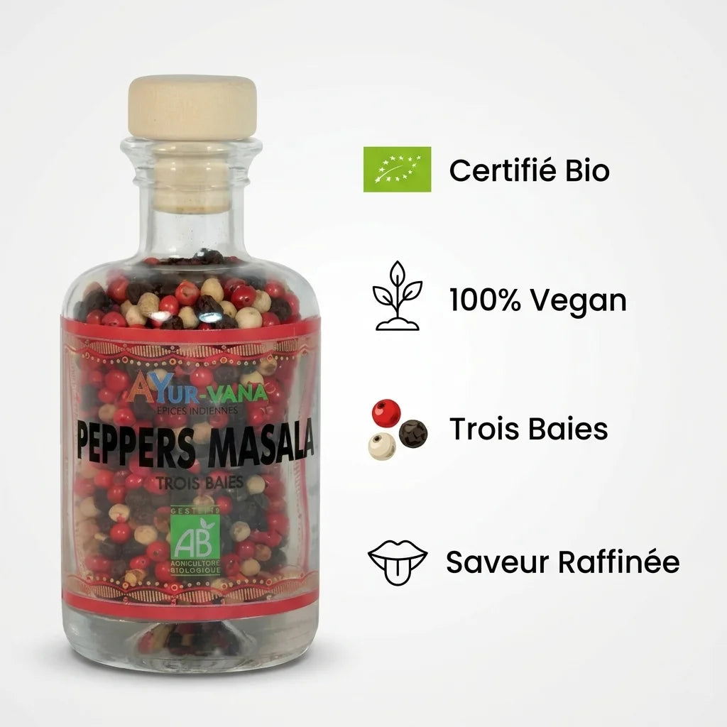 Peppers Masala Bio Ayurvana - Épice vegan certifiée avec trois baies et saveur raffinée