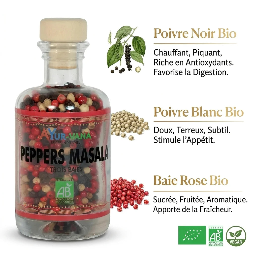 Peppers Masala Bio Ayurvana avec poivre noir, blanc et baie rose bio vegan