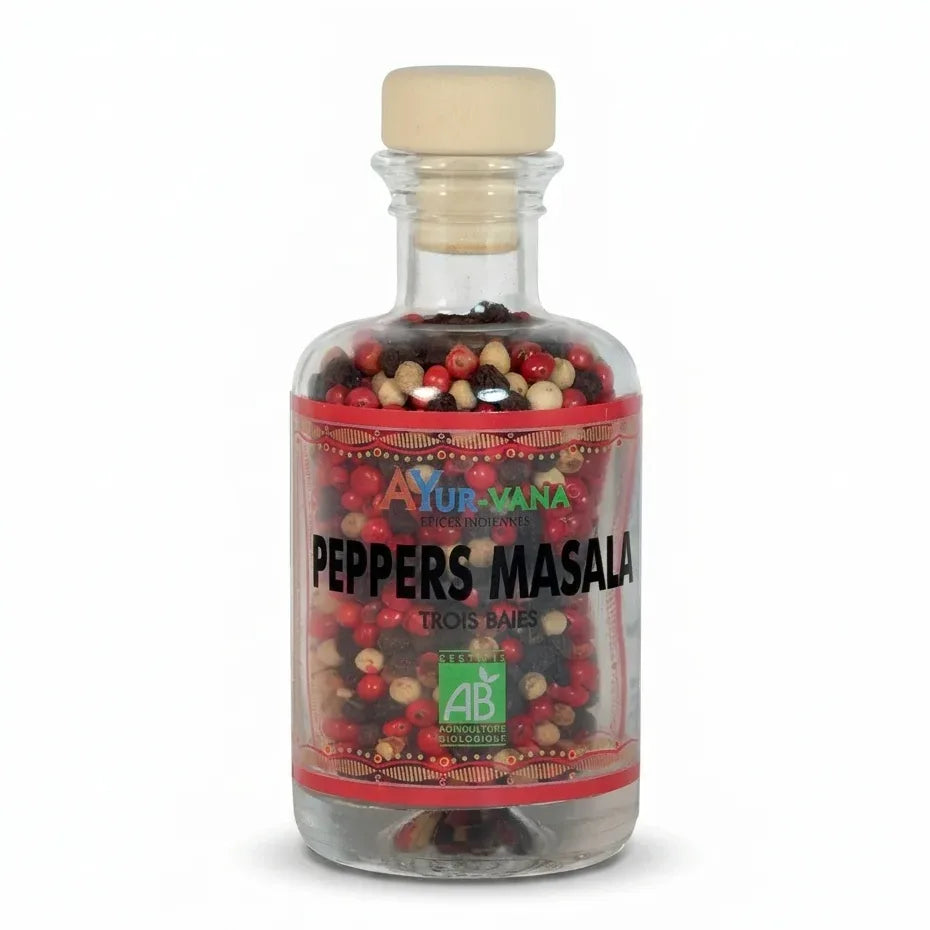 Peppers Masala Bio Ayurvana - épice vegan en flacon verre avec bouchon liège