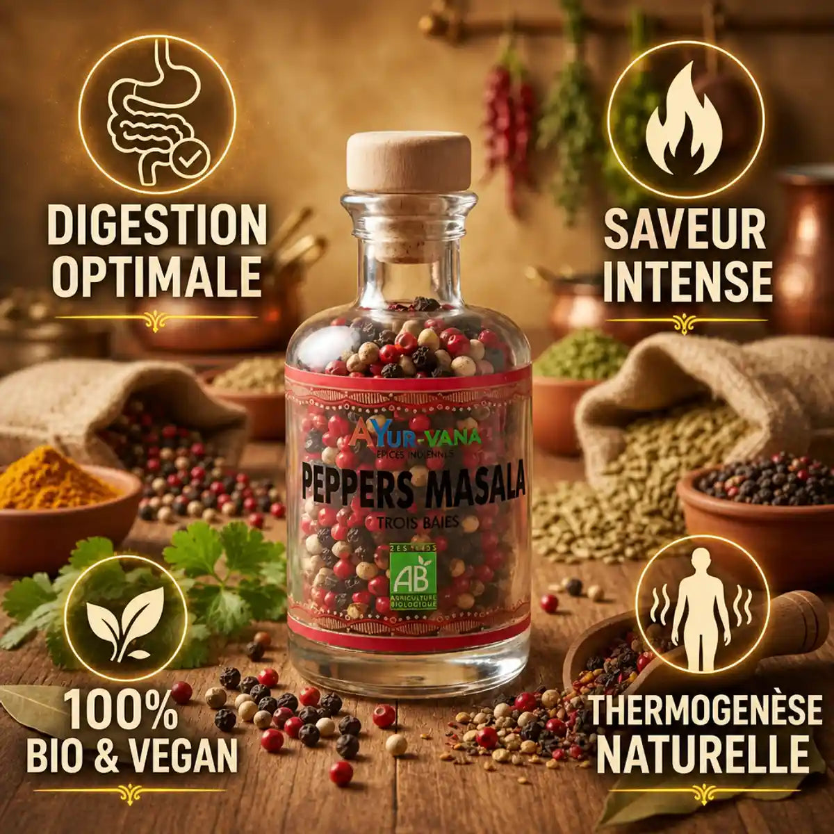 Peppers Masala bio Ayurvana - Mélange 3 poivres avec bénéfices digestion et saveur intense