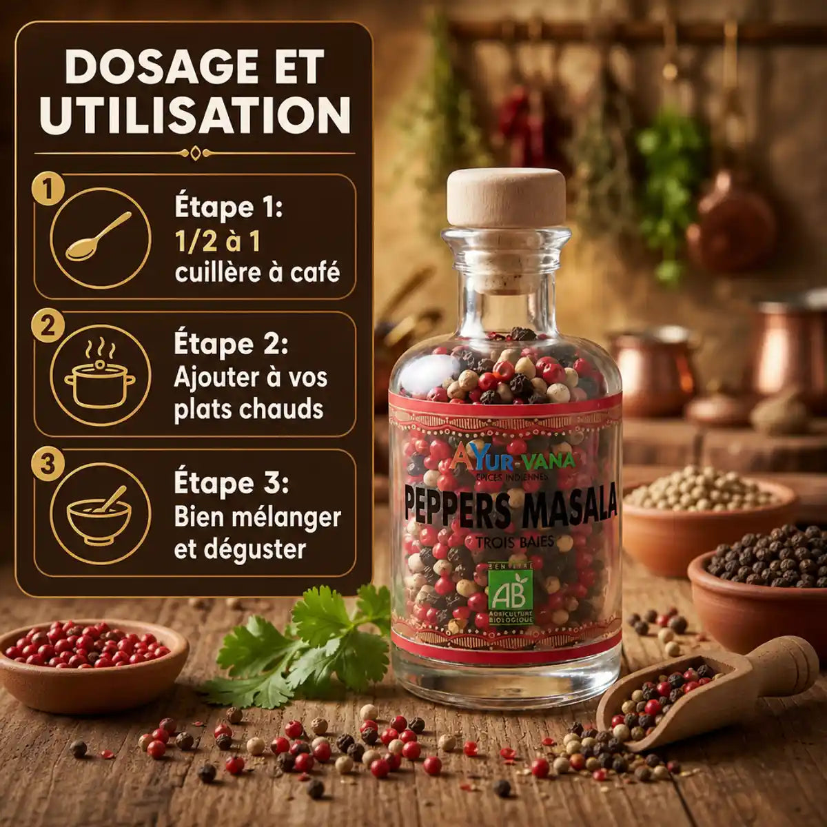 Peppers Masala bio Ayurvana - Mélange 3 poivres avec dosage et utilisation