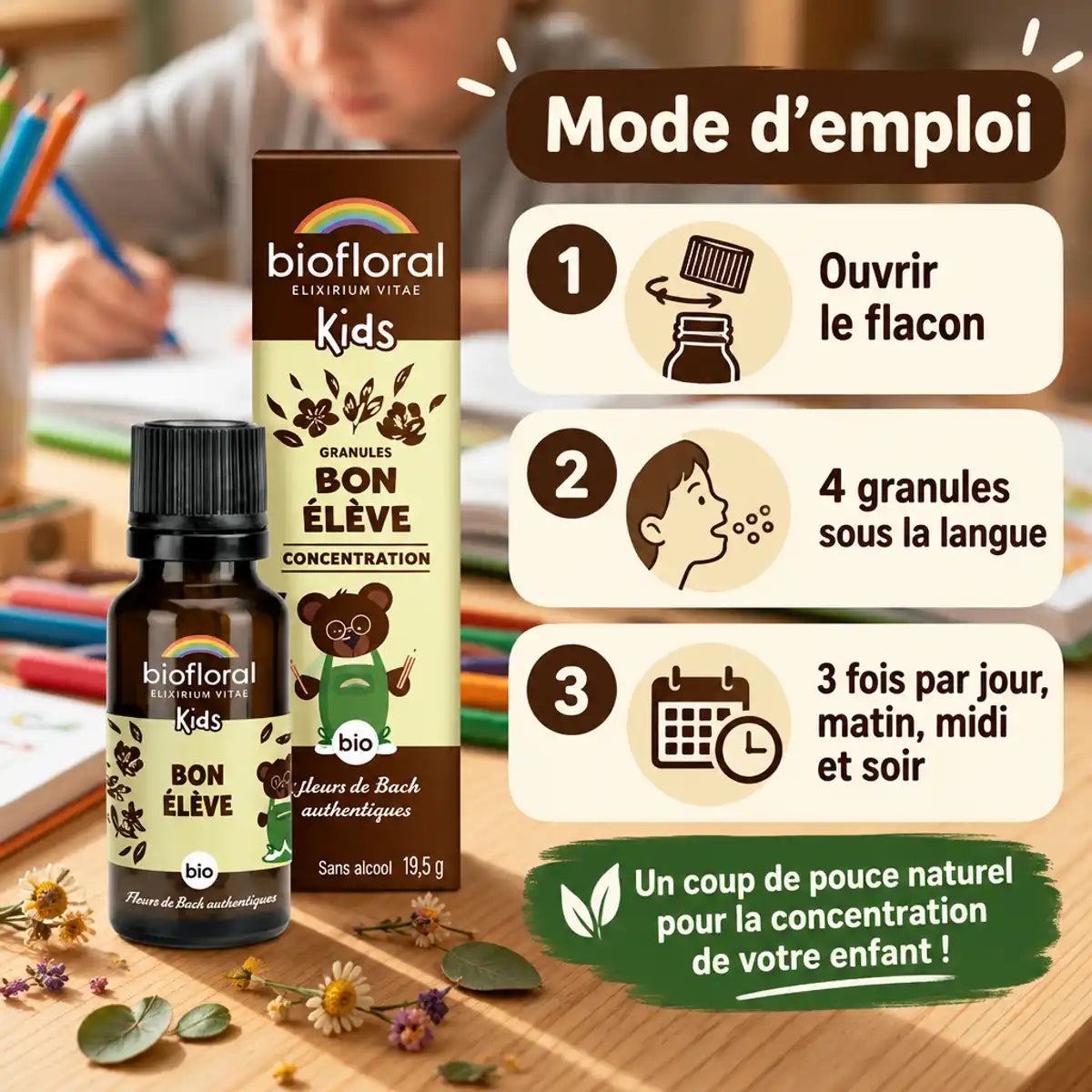Granules Biofloral Kids Bon Élève 19,5 g sur un bureau en bois, avec mode d'emploi en 3 étapes pour enfants