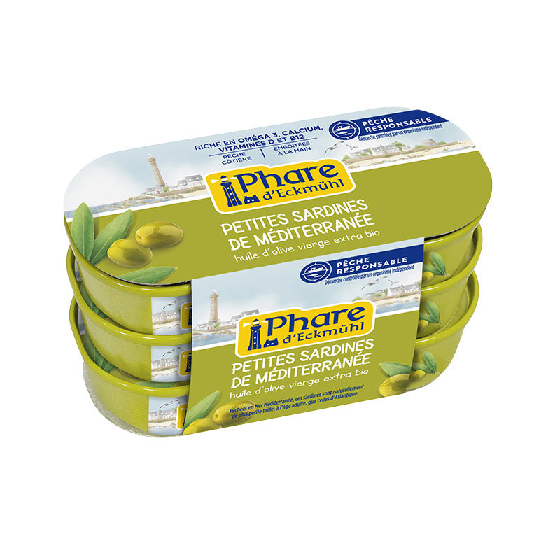 Petites sardines de Méditerranée à l'huile d'olive bio - 3x55g – Phare d'Eckmühl