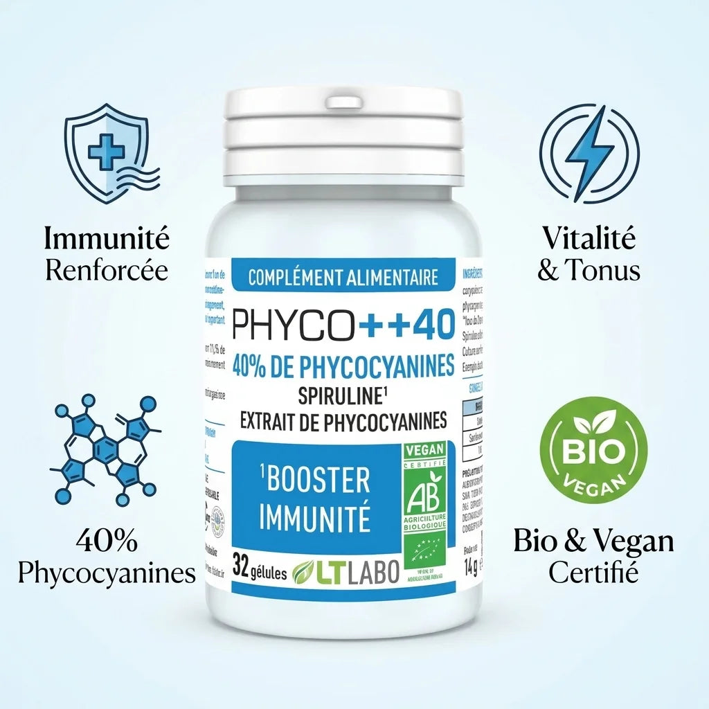 Phyco++40 bio en gélules avec bénéfices : immunité, vitalité, phycocyanines, certifié bio vegan