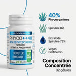 Phyco++40 bio gélules spiruline 40% phycocyanines certifié vegan, 32 gélules