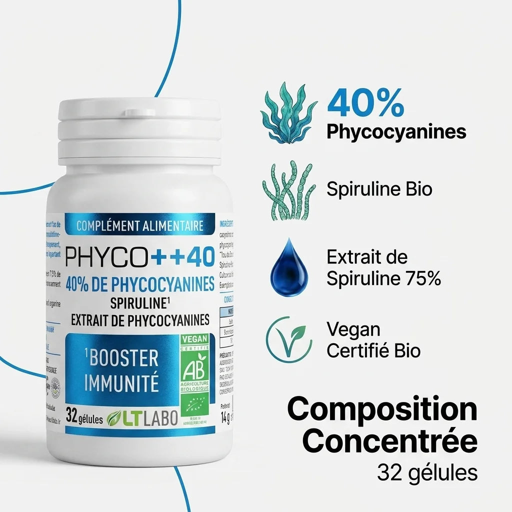 Phyco++40 bio gélules spiruline 40% phycocyanines certifié vegan, 32 gélules