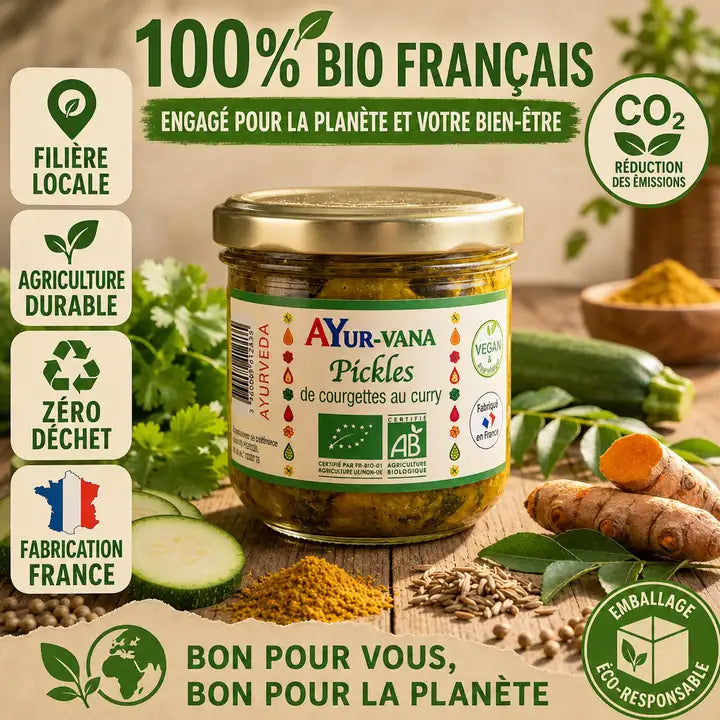 Pickles de courgettes au curry AYur-vana bio français avec ingrédients naturels et certifications éco-responsables