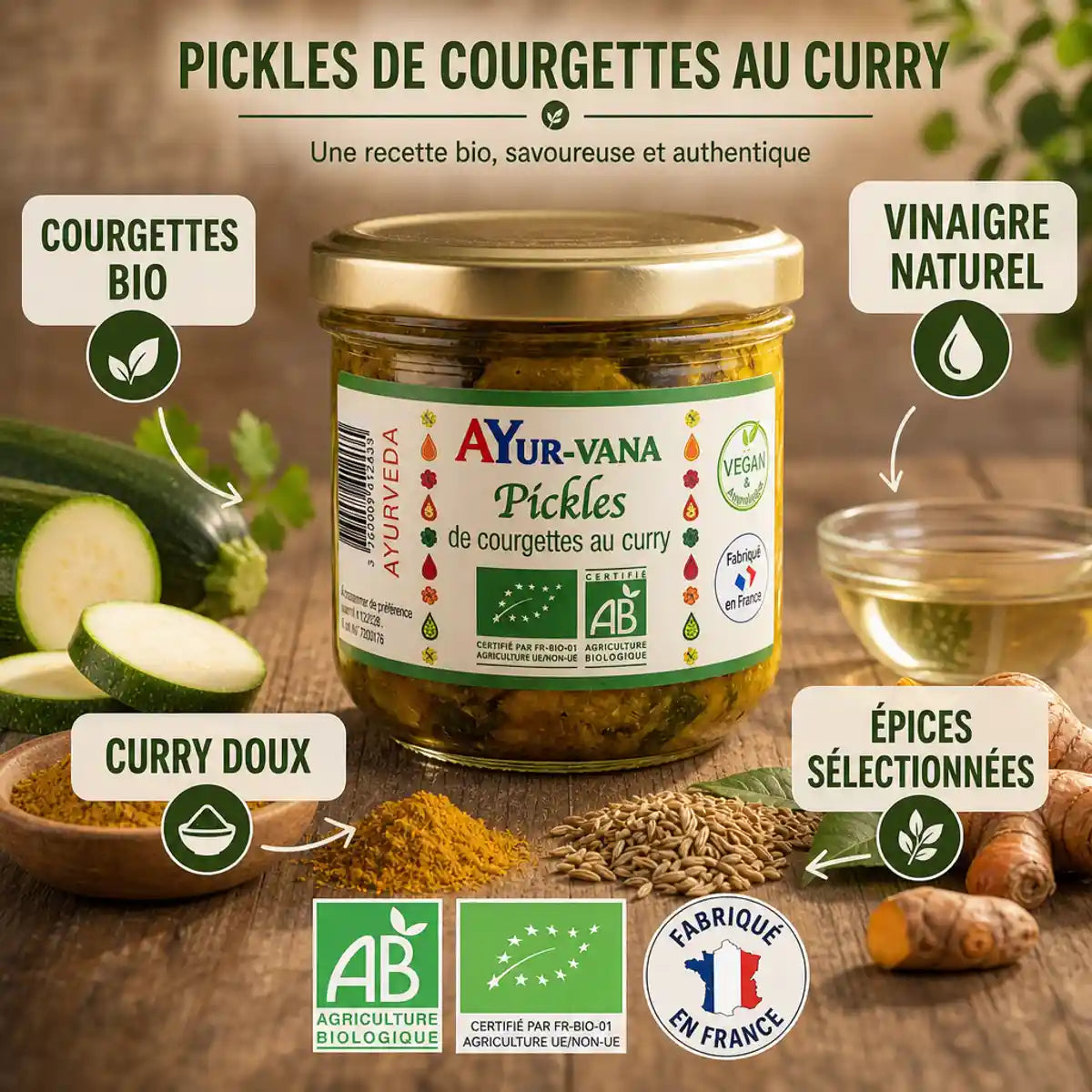 Pickles de courgettes au curry AYur-vana 200g avec ingrédients bio en pot verre