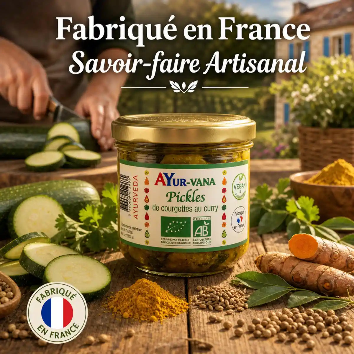 Pickles de courgettes au curry AYur-vana 200g, préparation artisanale française avec épices et ingrédients frais