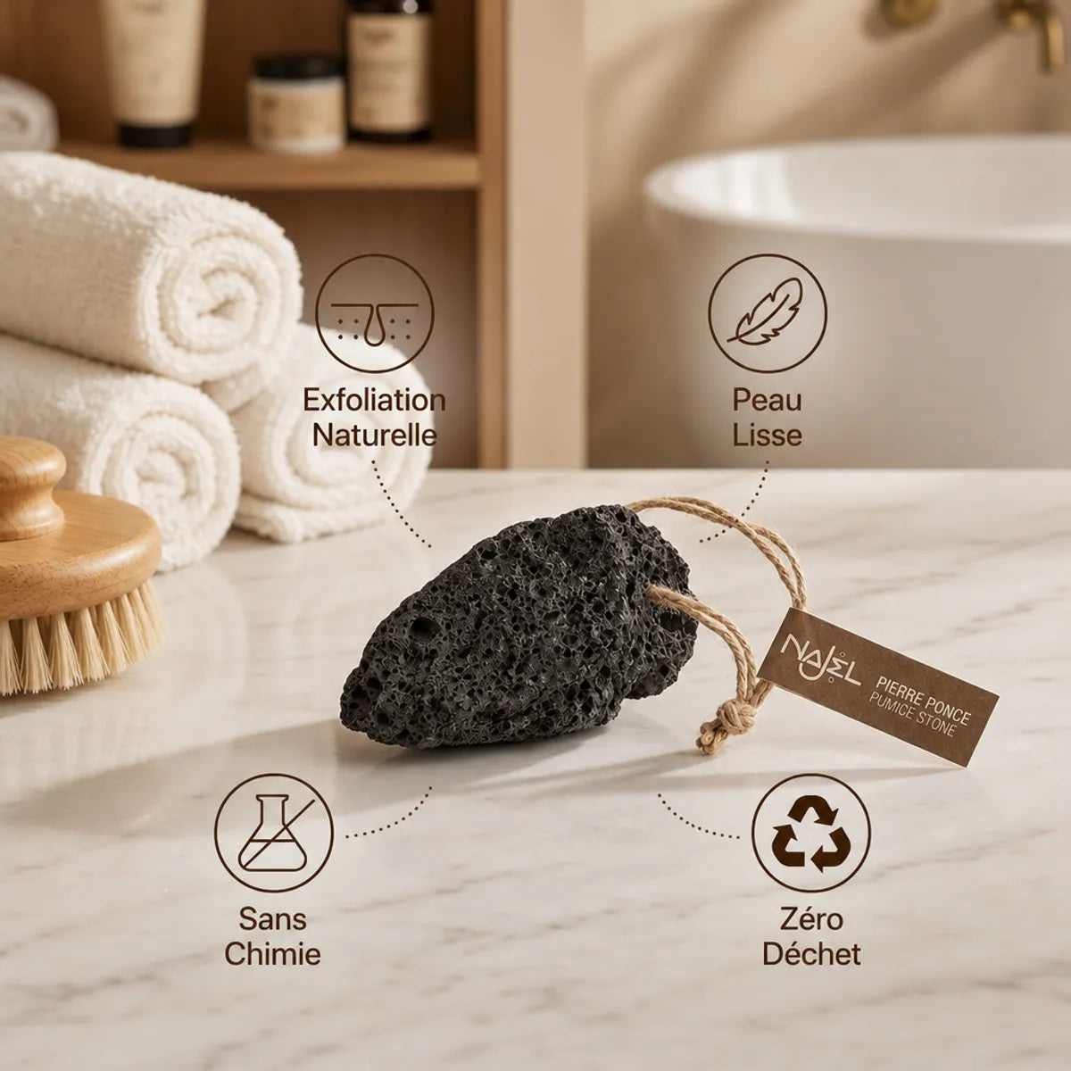 Pierre ponce Najel noire volcanique avec bénéfices : exfoliation naturelle, peau lisse, sans chimie, zéro déchet