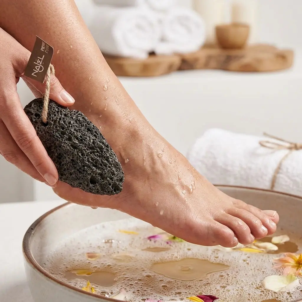 Pierre ponce Najel utilisée pour exfolier un pied lors d'un soin spa professionnel