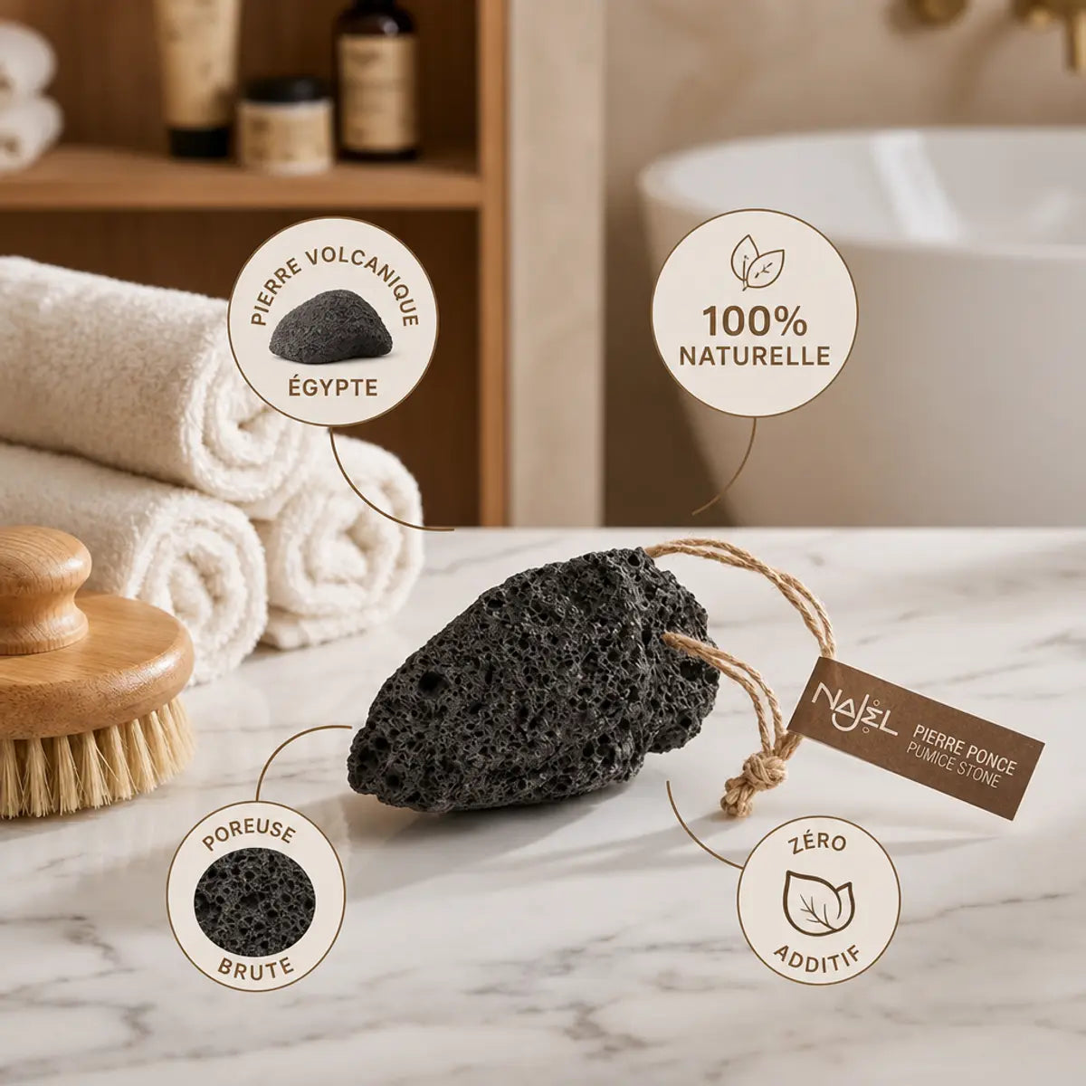 Pierre ponce Najel volcanique naturelle 100% avec infographie ingrédients sur marbre blanc