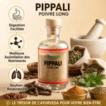 Pippali poudre Ayurvana avec infographies bénéfices : digestion, assimilation nutriments, soutien respiratoire