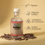 Pippali Ayurvana - Poivre long avec infographie bénéfices digestion et respiration