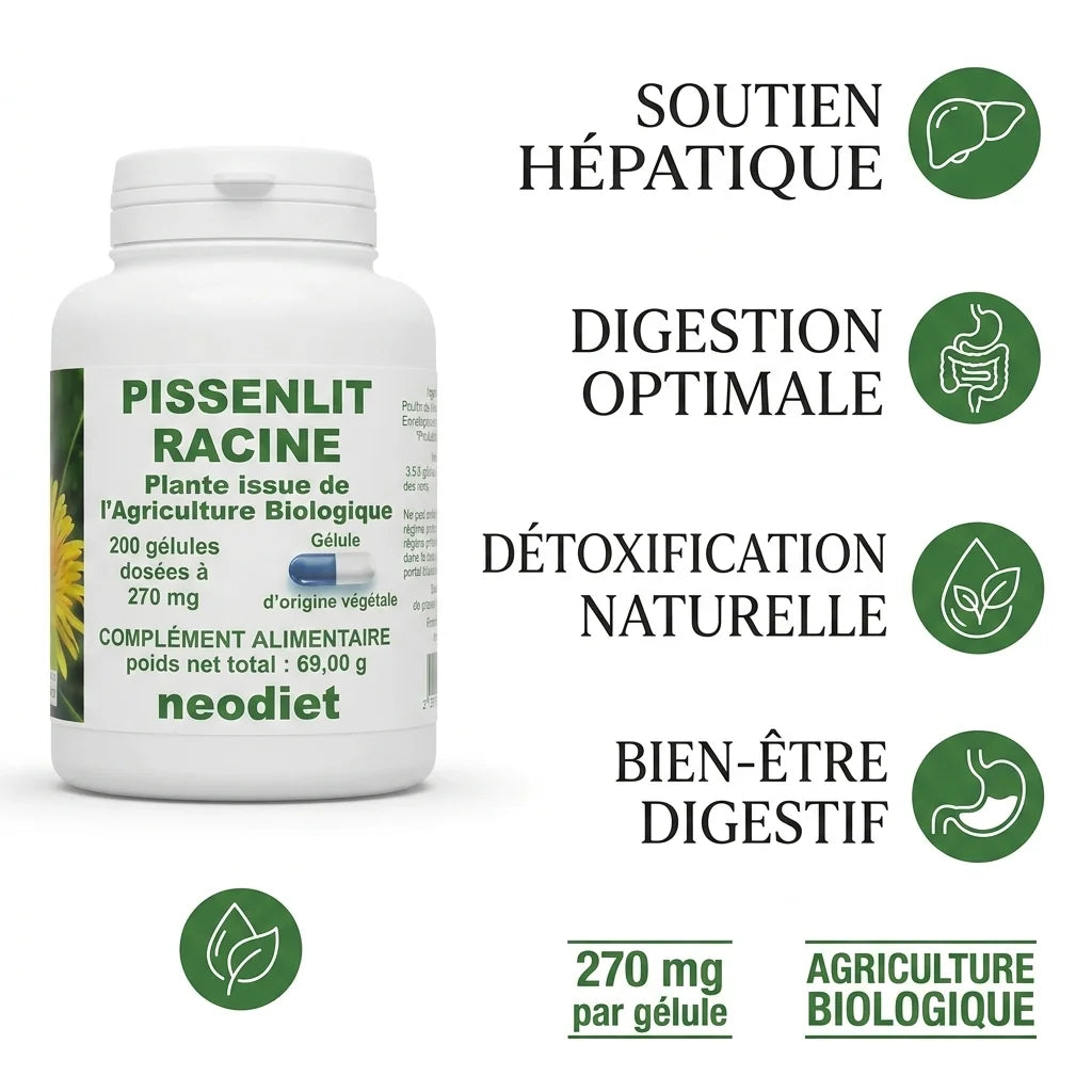 Gélules Pissenlit Racine bio 270 mg avec bénéfices : soutien hépatique, digestion optimale, détoxification naturelle