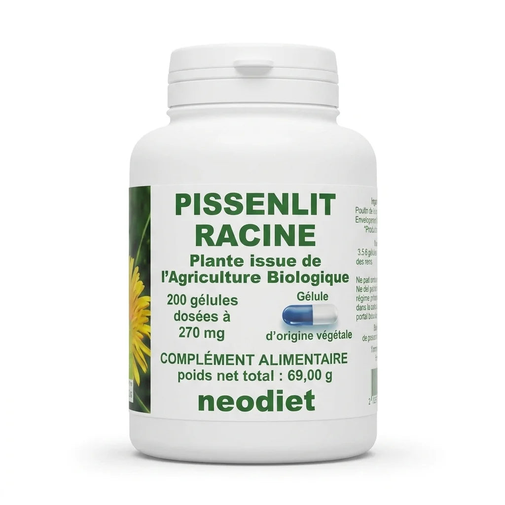 Bouteille de gélules Pissenlit Racine bio Neodiet sur fond blanc