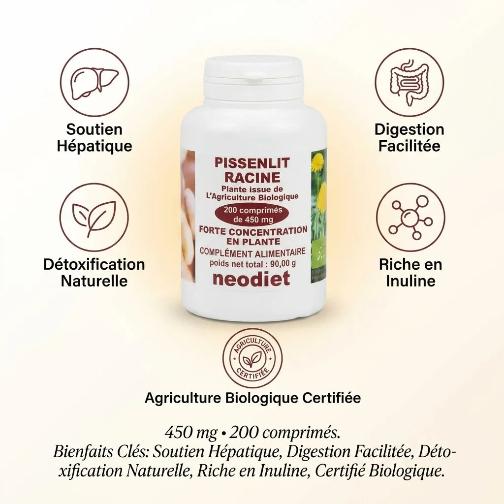 Complément Pissenlit Racine 450mg 200 comprimés avec icônes bénéfices hépatiques et détoxification naturelle