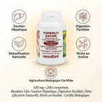 Complément Pissenlit Racine 450mg 200 comprimés avec icônes bénéfices hépatiques et détoxification naturelle