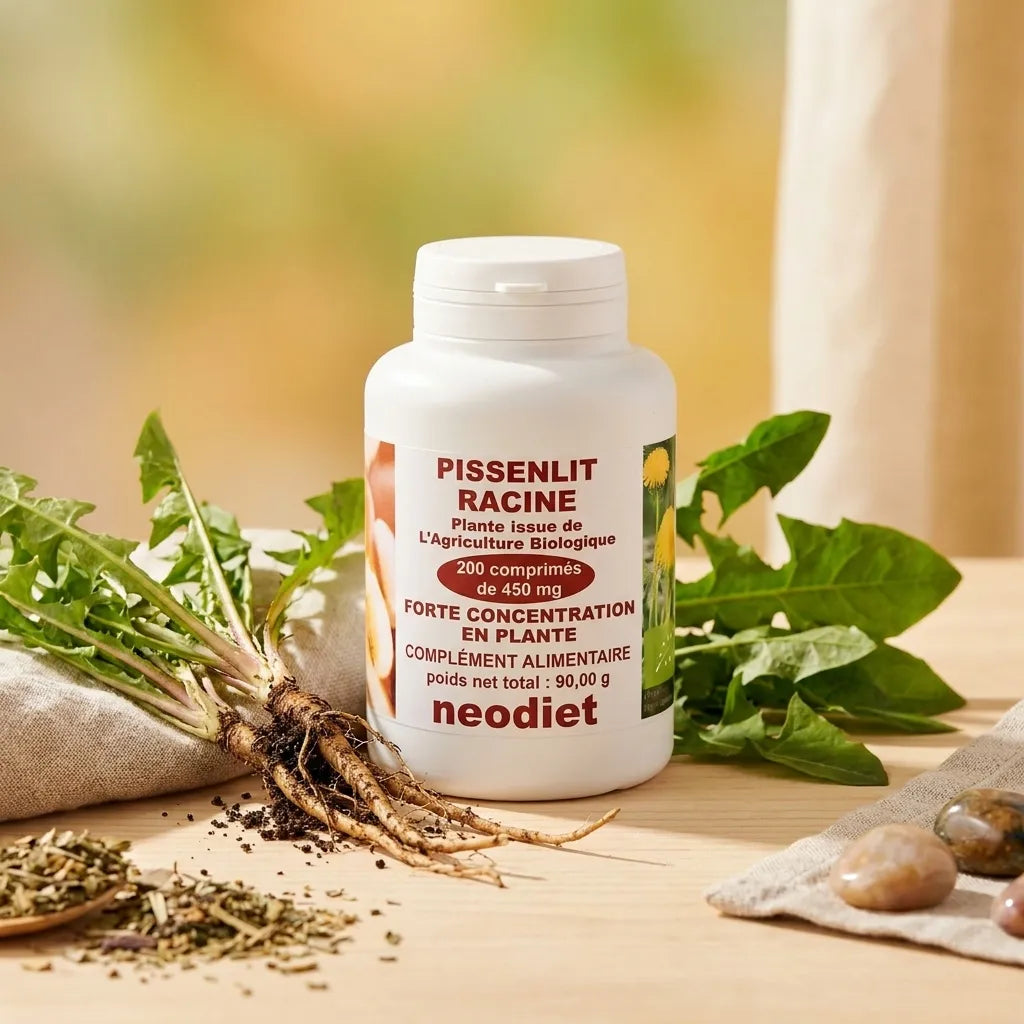 Flacon Pissenlit racine Vital Osmose avec racines et feuilles de pissenlit frais sur surface wellness