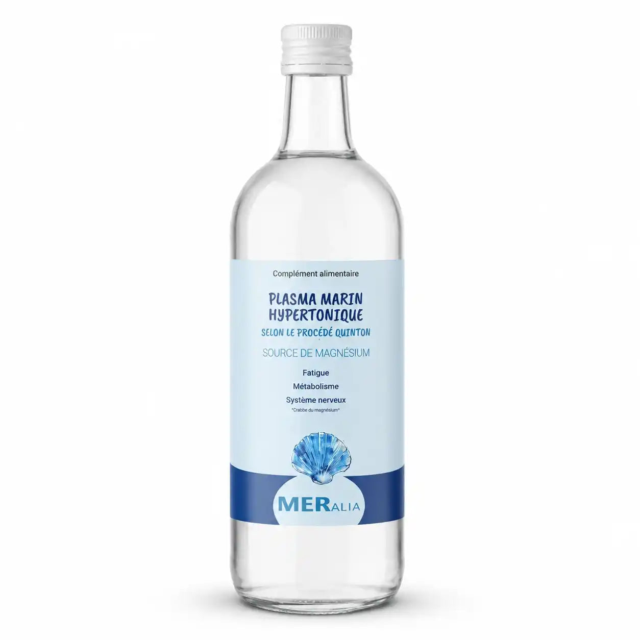 Bouteille de 1L de Plasma Marin Hypertonique MERalia - procédé Quinton sur fond blanc