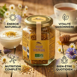 Pot de pollen bio Abeille Forestière avec infographie des 4 bénéfices santé et fleurs