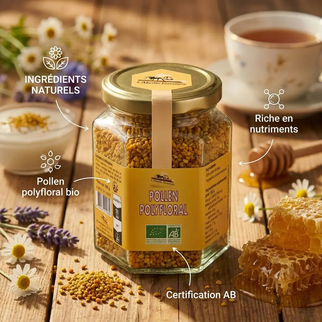 Pot de pollen bio Abeille Forestière 180g avec fleurs sauvages et ingrédients naturels certifiés AB