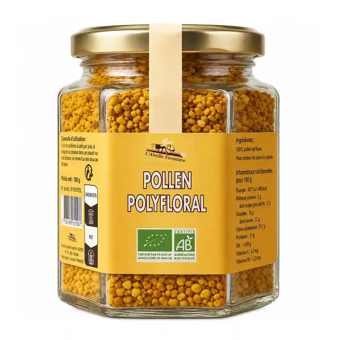 Un pot de 180 grammes de Pollen bio polyfloral de la marque Abeille Forestière
