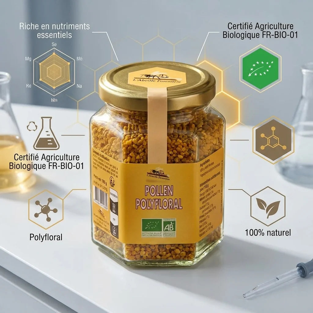 Pot de pollen bio Abeille Forestière certifié AB, riche en nutriments essentiels, 100% naturel polyfloral