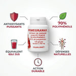 Pomegramax gélules avec icônes bénéfices : antioxydants, polyphénols, défenses naturelles