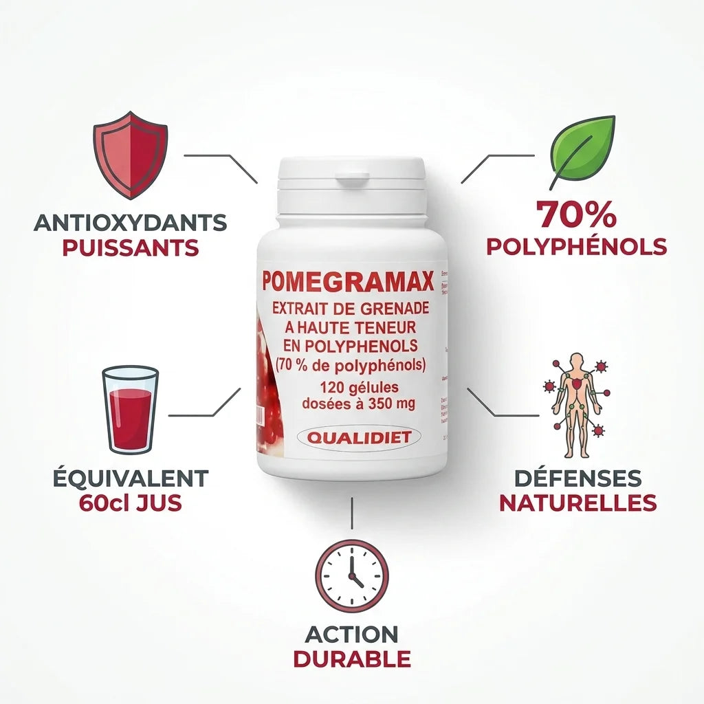 Pomegramax gélules avec icônes bénéfices : antioxydants, polyphénols, défenses naturelles