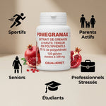 Pomegramax gélules avec icônes de personas cibles et grenade, packaging produit professionnel
