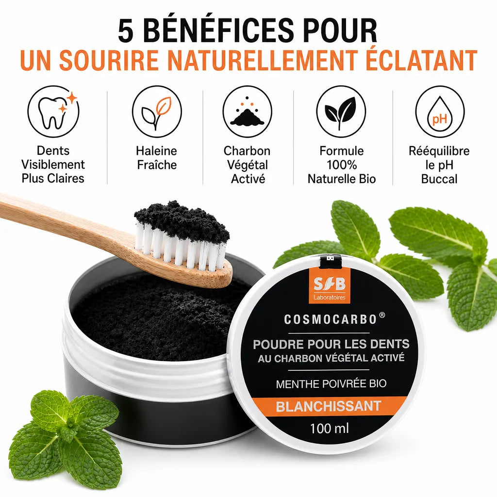 Poudre blanchissante menthe poivrée SFB 100ml avec charbon activé et bénéfices dentaires