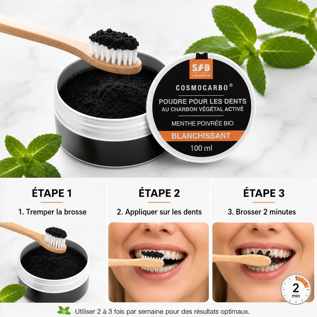 Poudre blanchissante SFB menthe poivrée avec brosse et guide application étapes dents