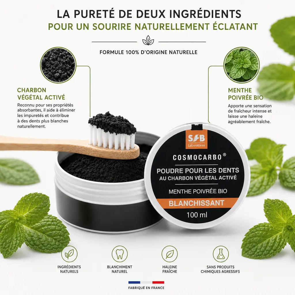 Poudre blanchissante menthe poivrée SFB 100ml avec charbon végétal activé bio