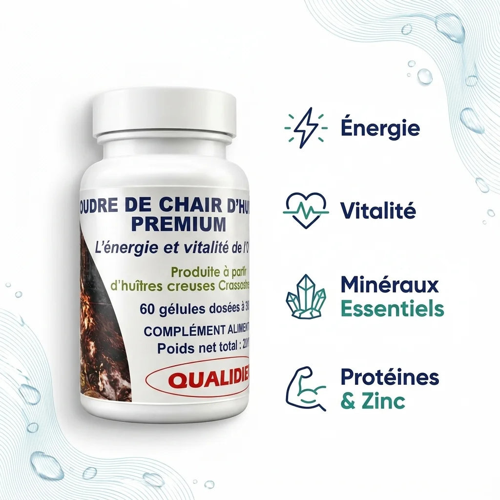 Poudre de Chair d'Huître Premium en gélules avec bénéfices : énergie, vitalité, minéraux et zinc