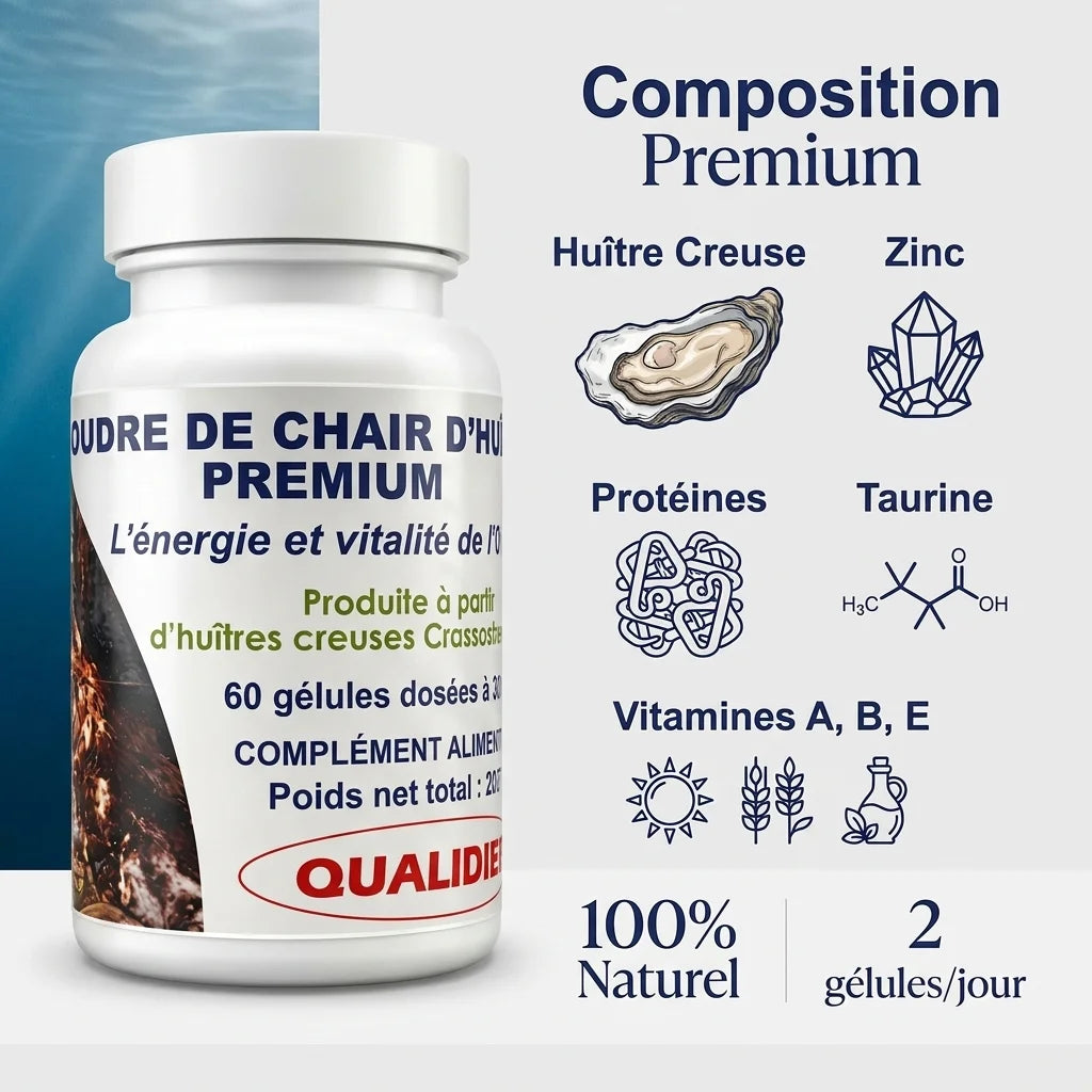 Poudre de chair d'huître premium en gélules avec composition nutritionnelle : zinc, protéines, taurine et vitamines