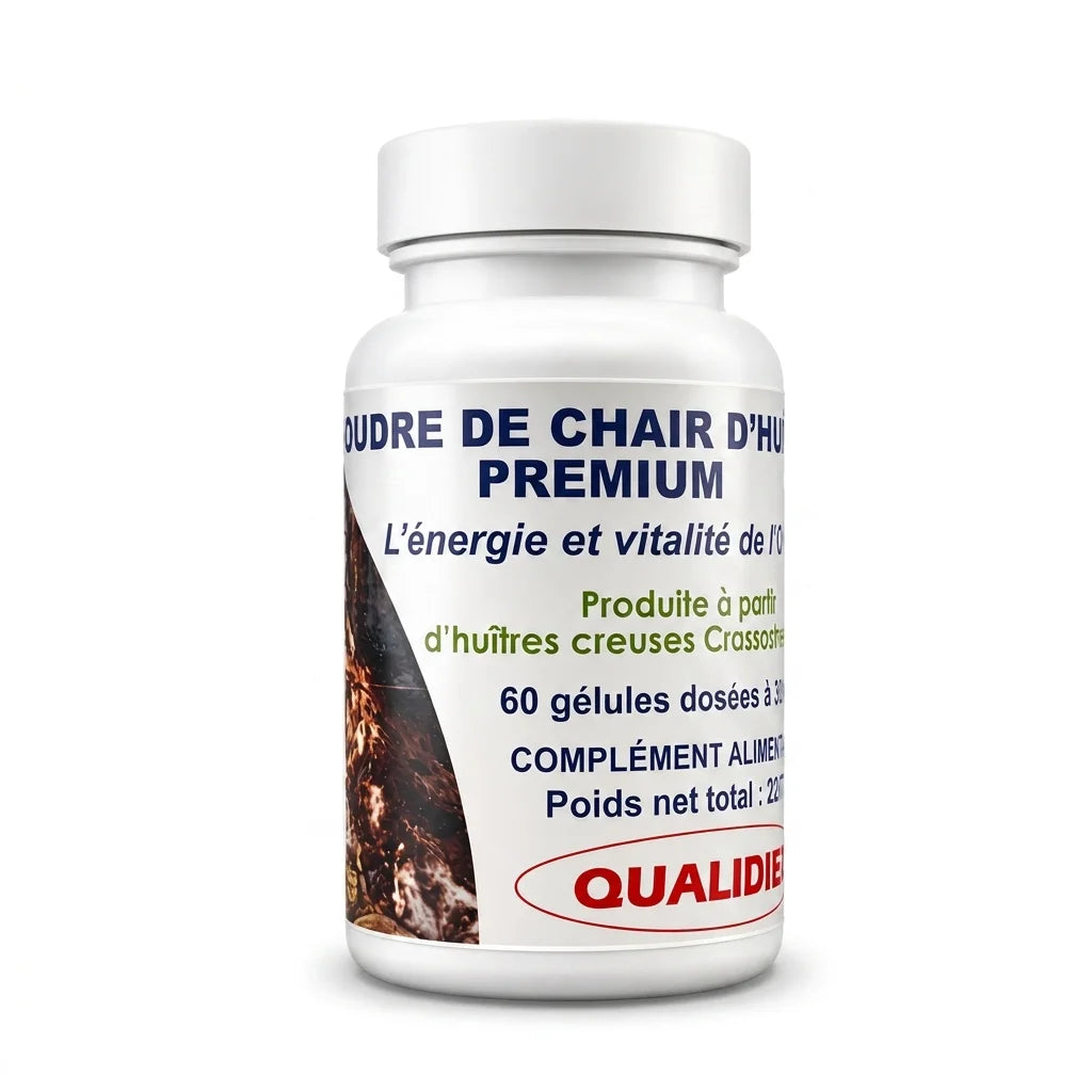 Bouteille de poudre de chair d'huître premium en gélules, complément alimentaire en flacon blanc avec étiquette bleue et rouge