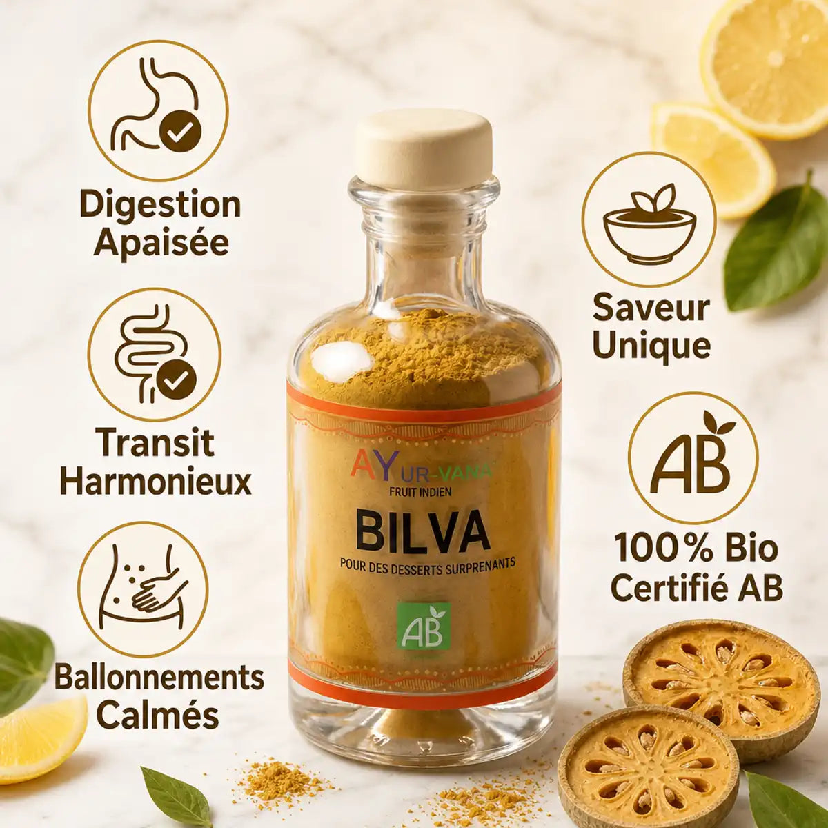 Poudre de fruits de Bilva Bio Ayur-Vana avec bénéfices digestion et transit naturels certifiés AB