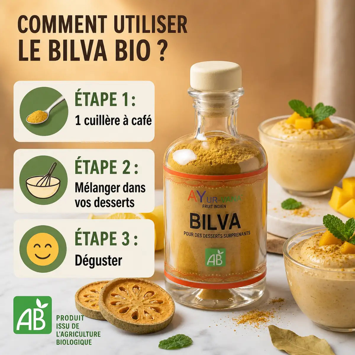 Poudre de fruits de Bilva Bio Ayur-Vana avec mode d'emploi et ingrédients naturels sur marbre blanc