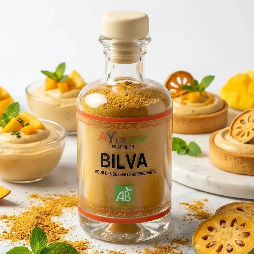 Poudre de fruits de Bilva Bio Ayur-Vana utilisée dans préparation culinaire gourmet avec desserts biologiques