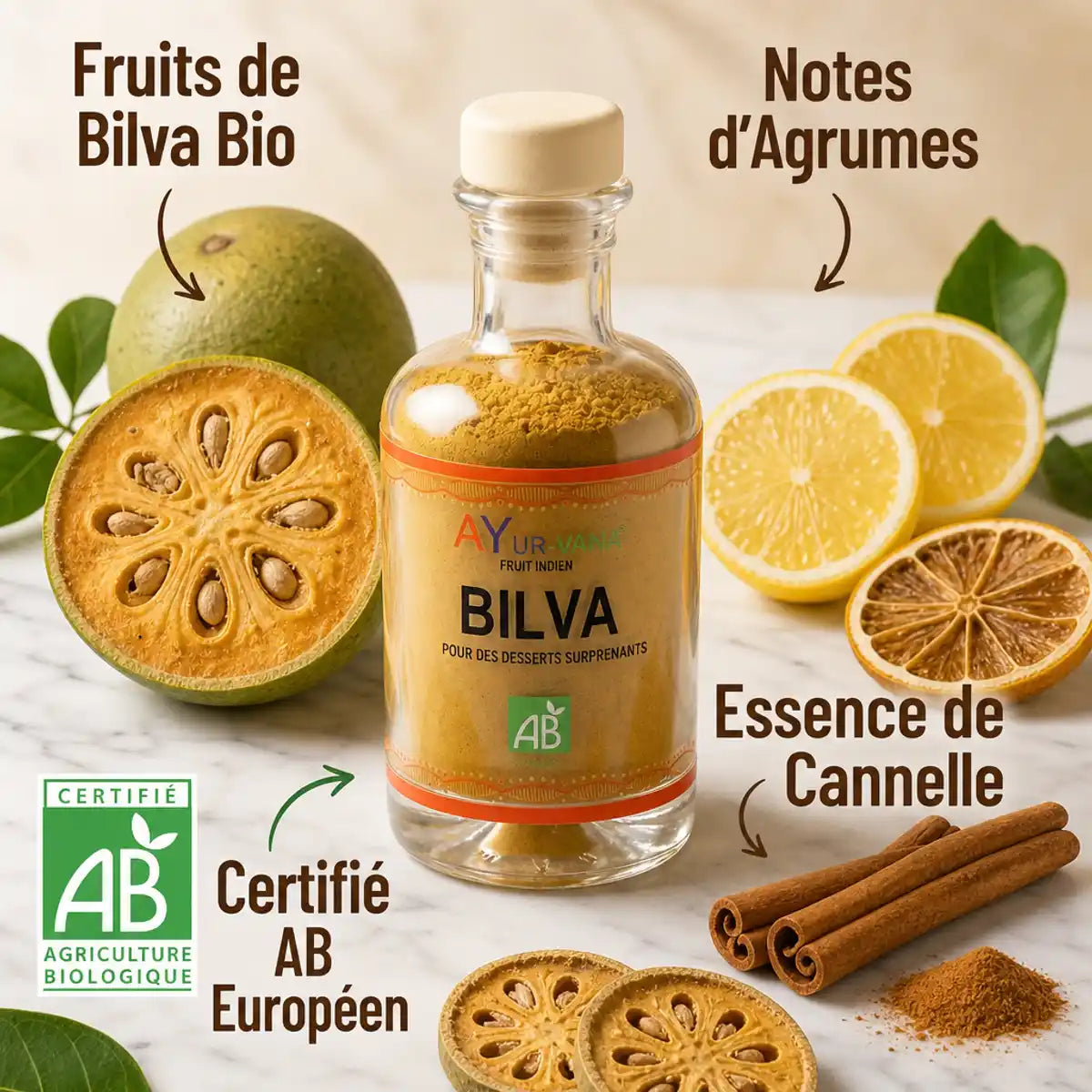 Poudre Bilva Bio Ayur-Vana avec ingrédients : fruits, agrumes, cannelle et certification AB