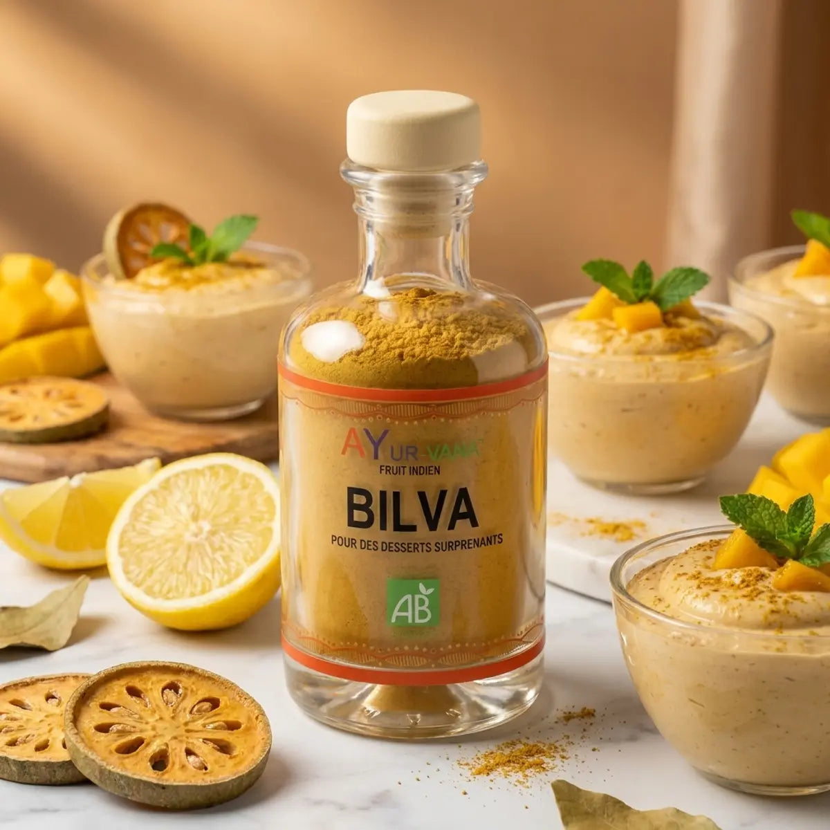 Poudre Bilva Bio Ayur-Vana avec citron frais et desserts à la poudre dorée