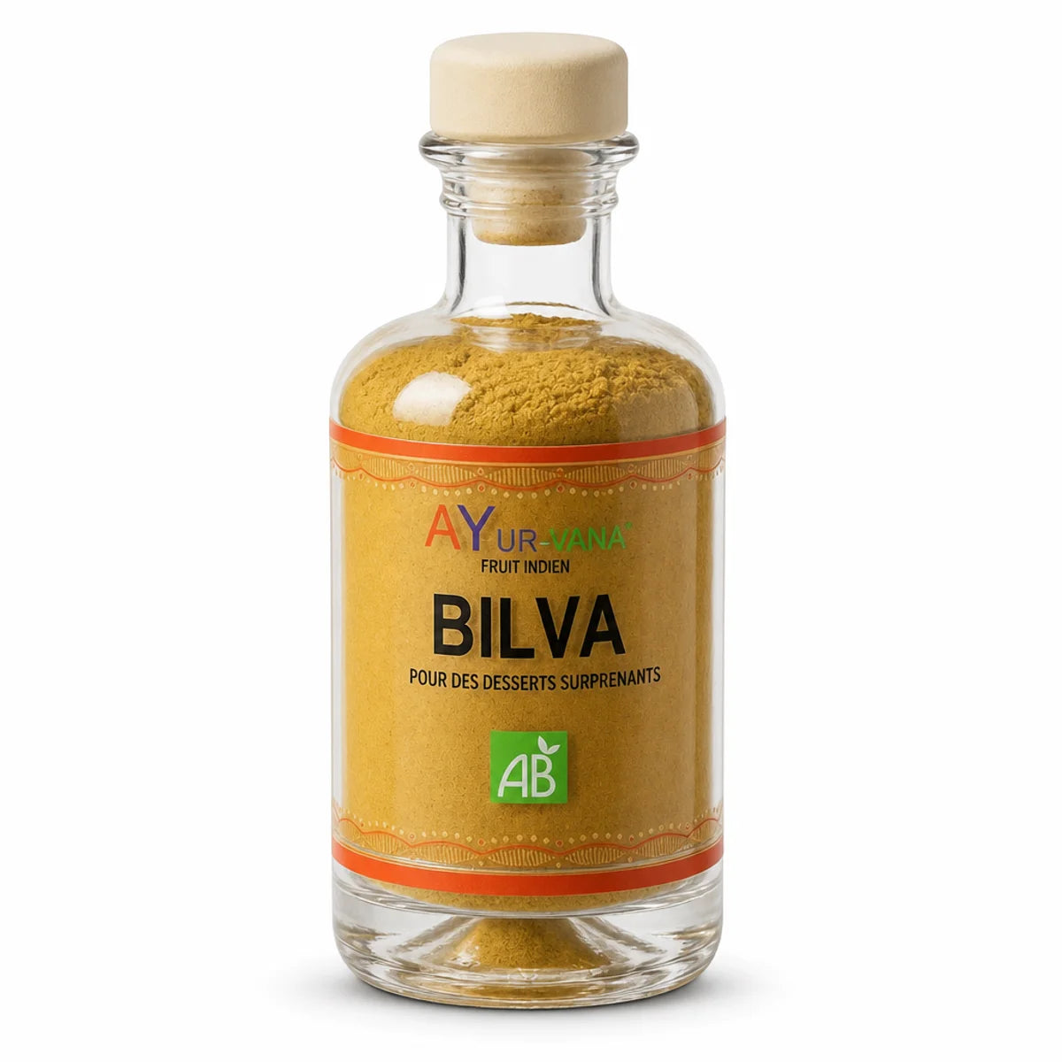 Poudre de fruits de Bilva Bio Ayur-Vana en flacon verre, certification AB, sur fond blanc