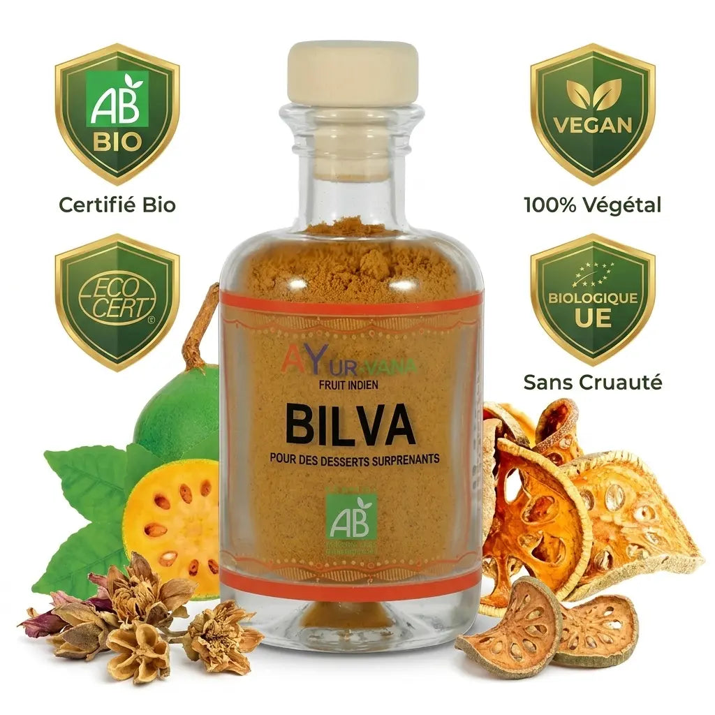 Poudre de fruits de Bilva Bio Ayurvana certifiée avec logos vegan et Ecocert sur fond blanc