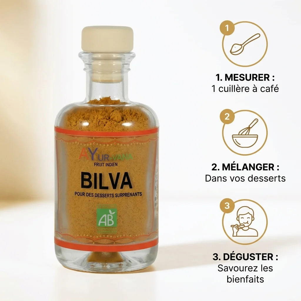 Poudre Bilva bio vegan Ayurvana avec guide dosage 1 cuillère à café, mélange et dégustation