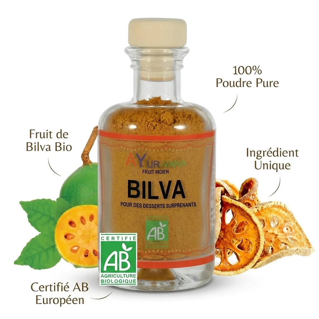 Poudre de fruits de Bilva Bio Ayurvana avec bouteille, fruit frais et certification AB européenne