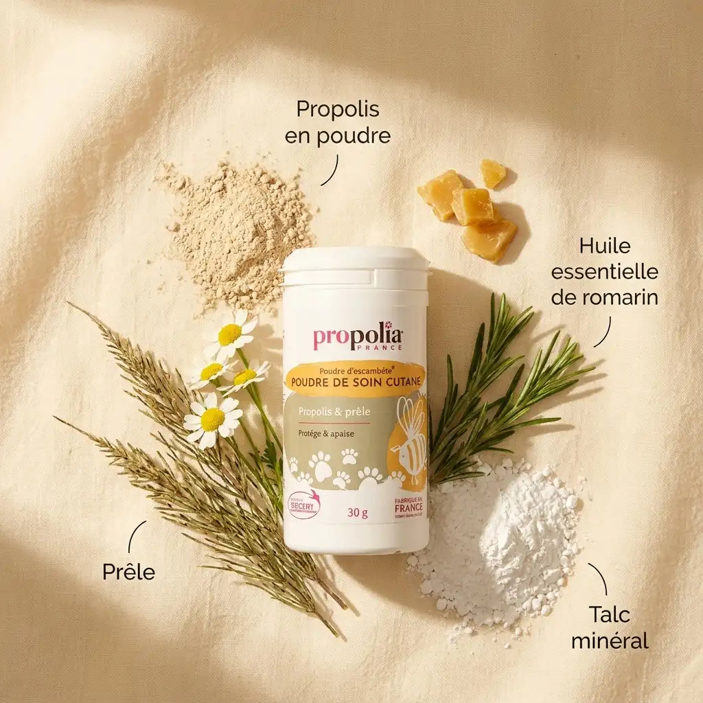 Poudre de soin cutané Propolis et Prêle Propolia avec ingrédients naturels sur fond beige