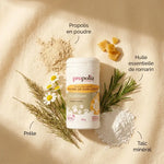 Poudre de soin cutané Propolis et Prêle Propolia avec ingrédients naturels sur fond beige