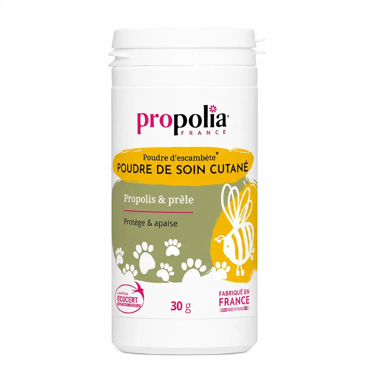 Flacon de 30 grammes de Poudre de soin cutané Propolis et Prêle de la marque Propolia