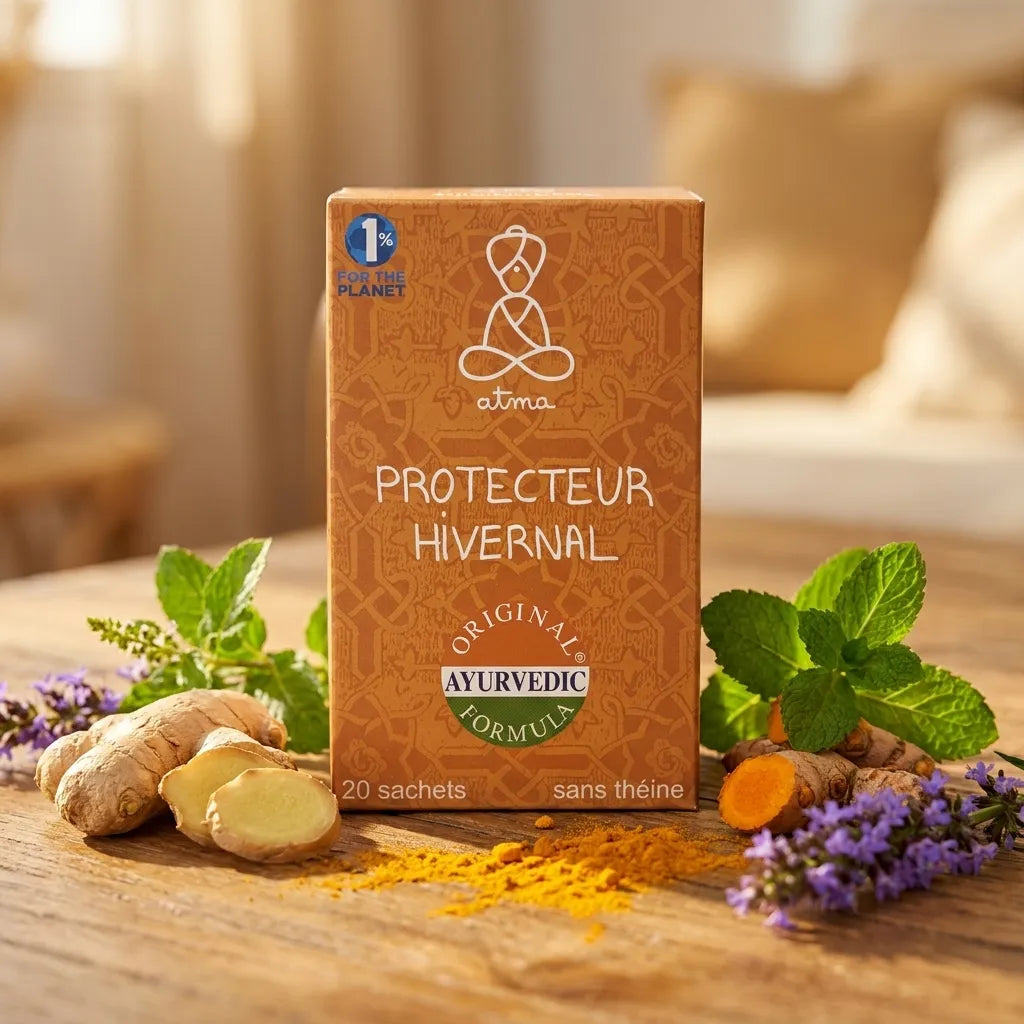 Pramati Bio Protecteur Hivernal Atma avec gingembre, curcuma et menthe sur bois